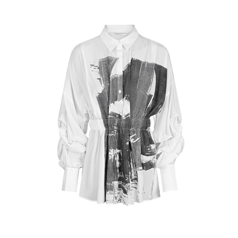 SDEER Lapel contrast print pleated waist long-sleeved shirt - S·DEER