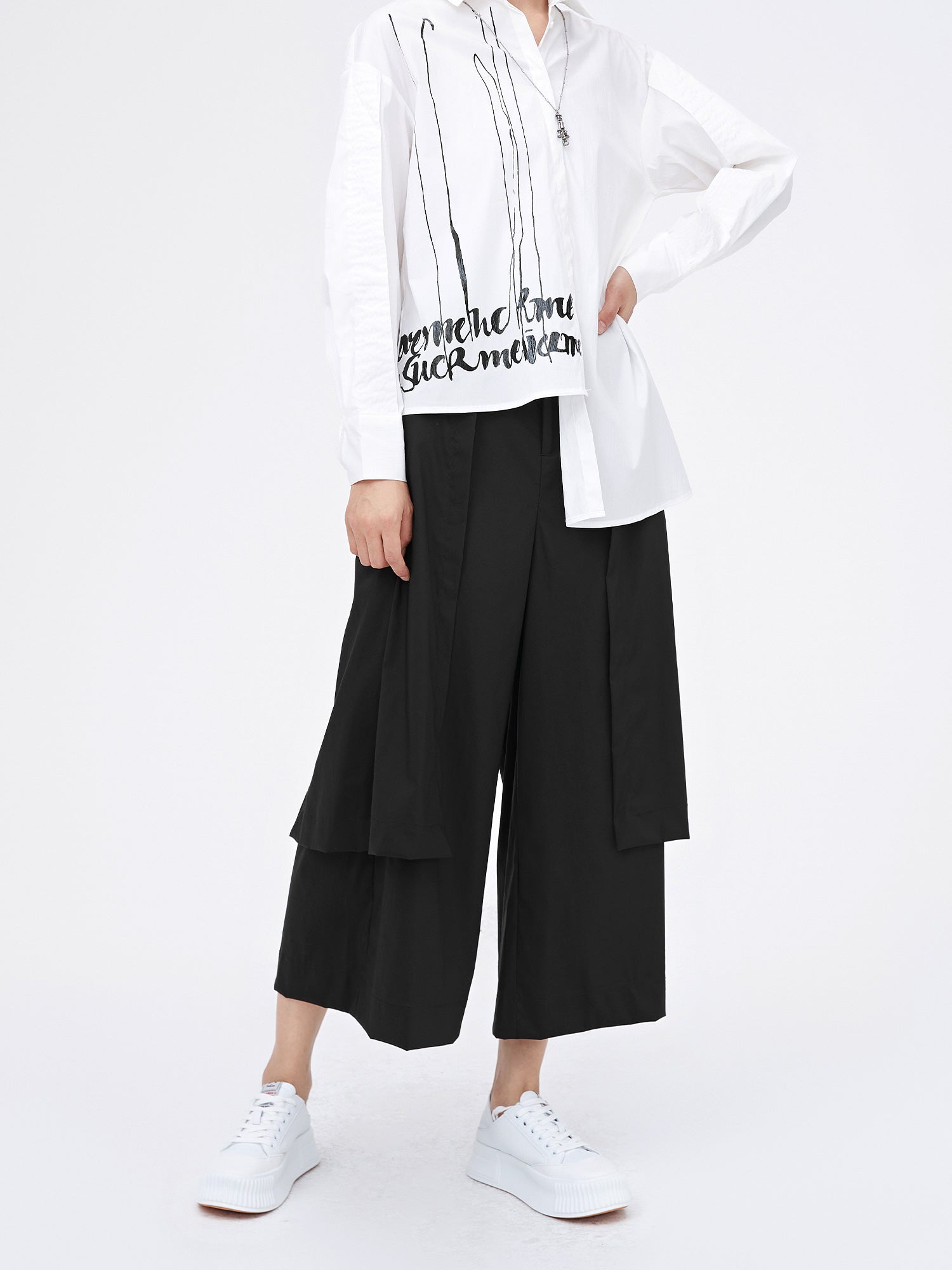 Black Elasticized Wide-Leg Trousers - S·DEER