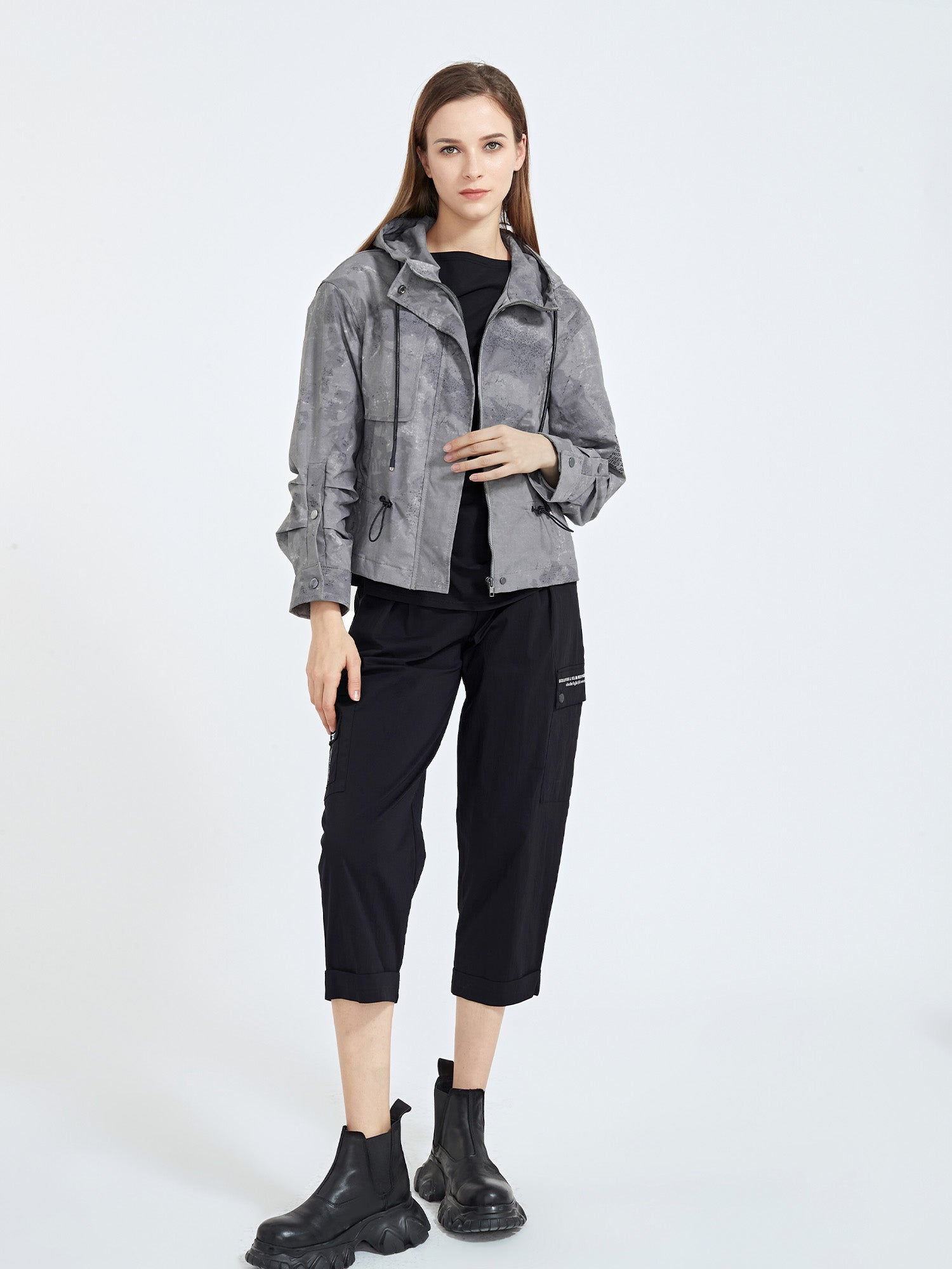 Women&#39;s Zip Up Hooded Cropped Jacket Coat - S·DEER