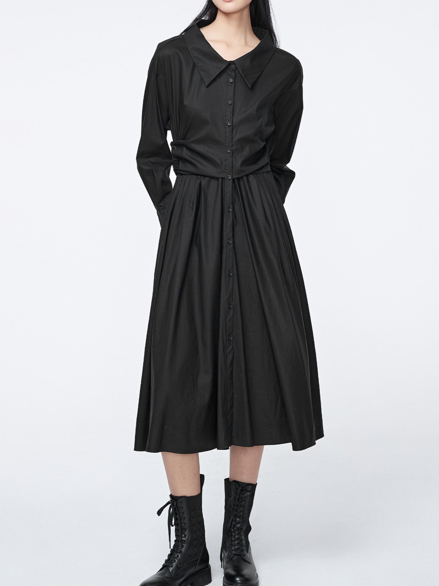 Lapel Drawstring Shirt Dress - S·DEER