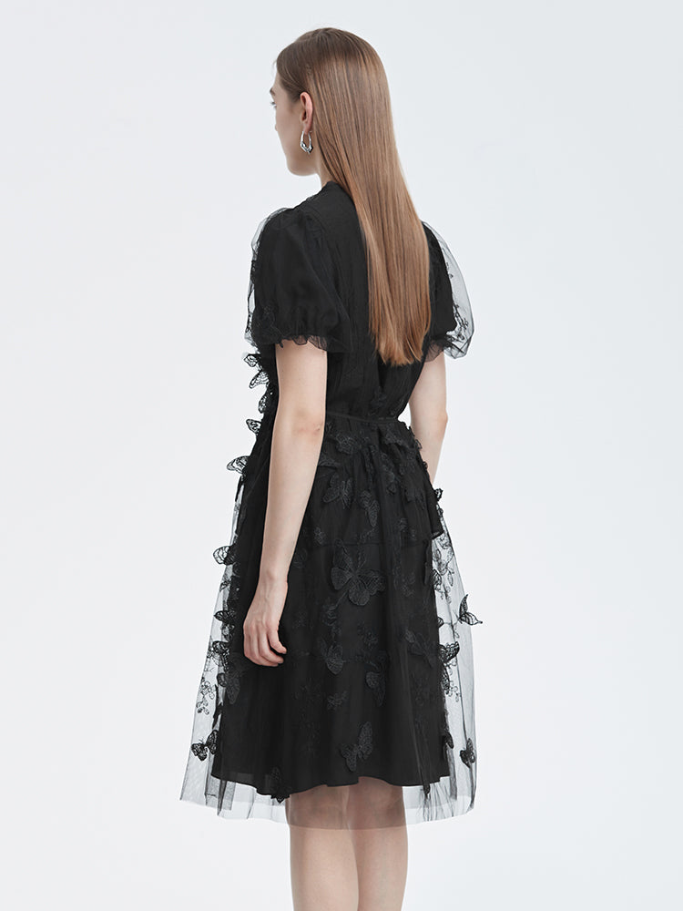 S·DEER Embroidered Mesh Neck Waist Short Sleeve Dress - S·DEER