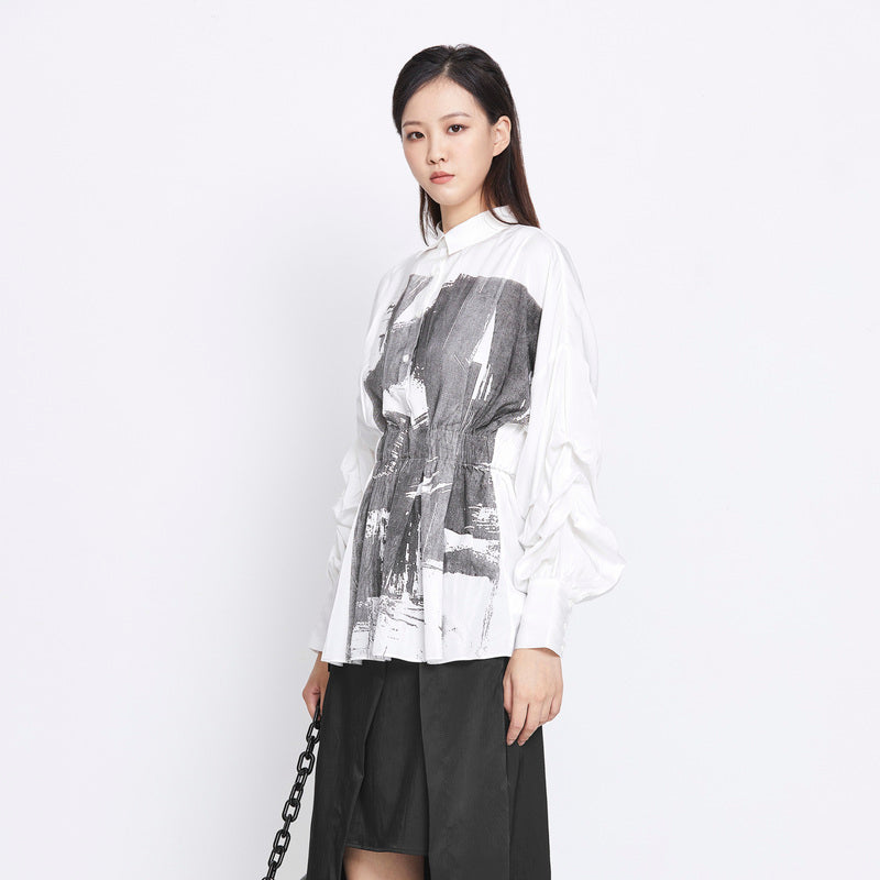 SDEER Lapel contrast print pleated waist long-sleeved shirt - S·DEER