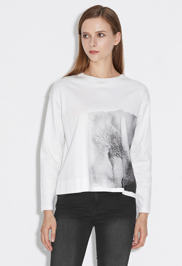 S.DEERLoose round neck ink smudge white long-sleeved T-shirt S21380206 - S·DEER