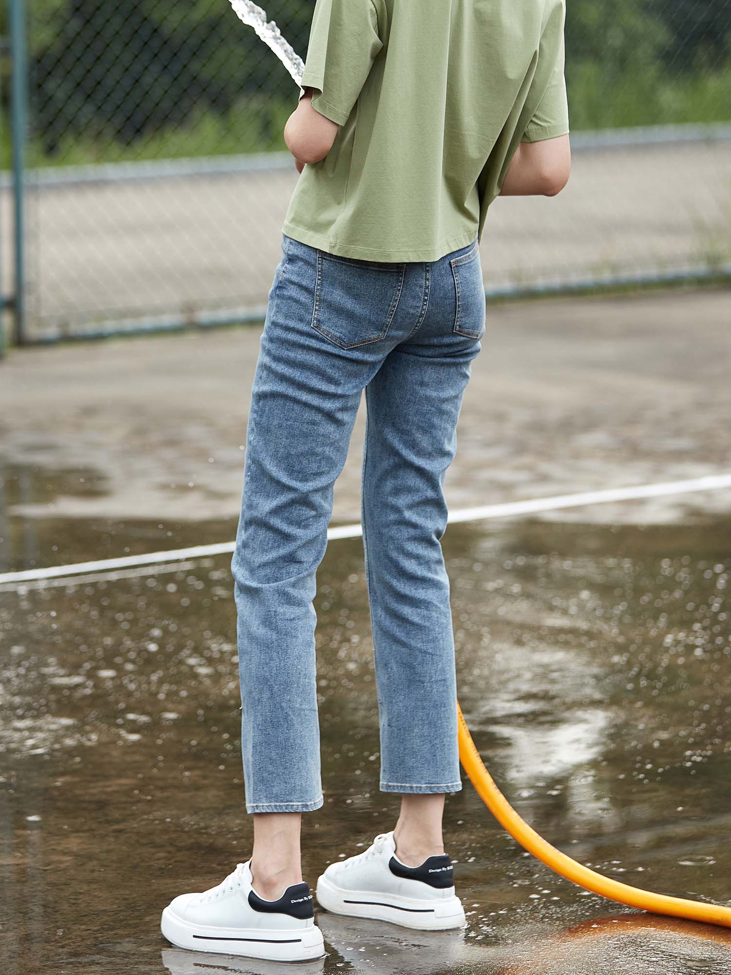 Vintage High Waist Slit Washed Denim Flared Trousers