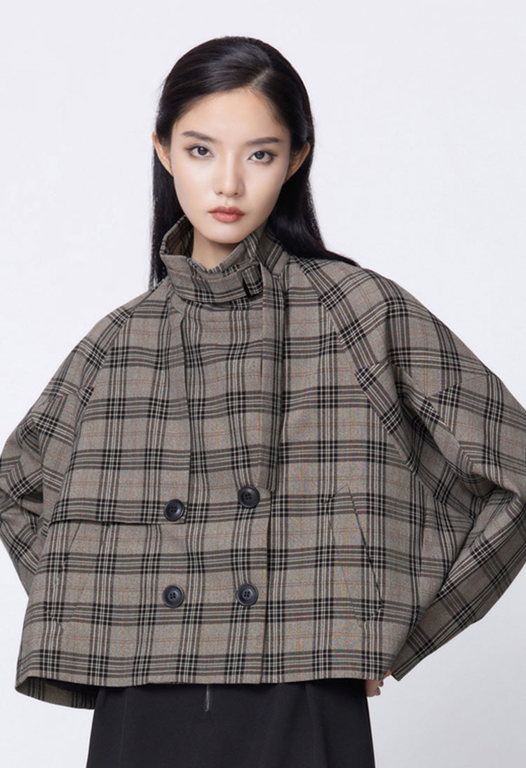 S.DEERBritish style stand collar contrast color plaid trumpet sleeve jacket S21382206 - S·DEER