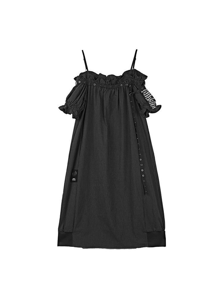 Elegant Elastic One-Line Collar Striped Suspender Dress