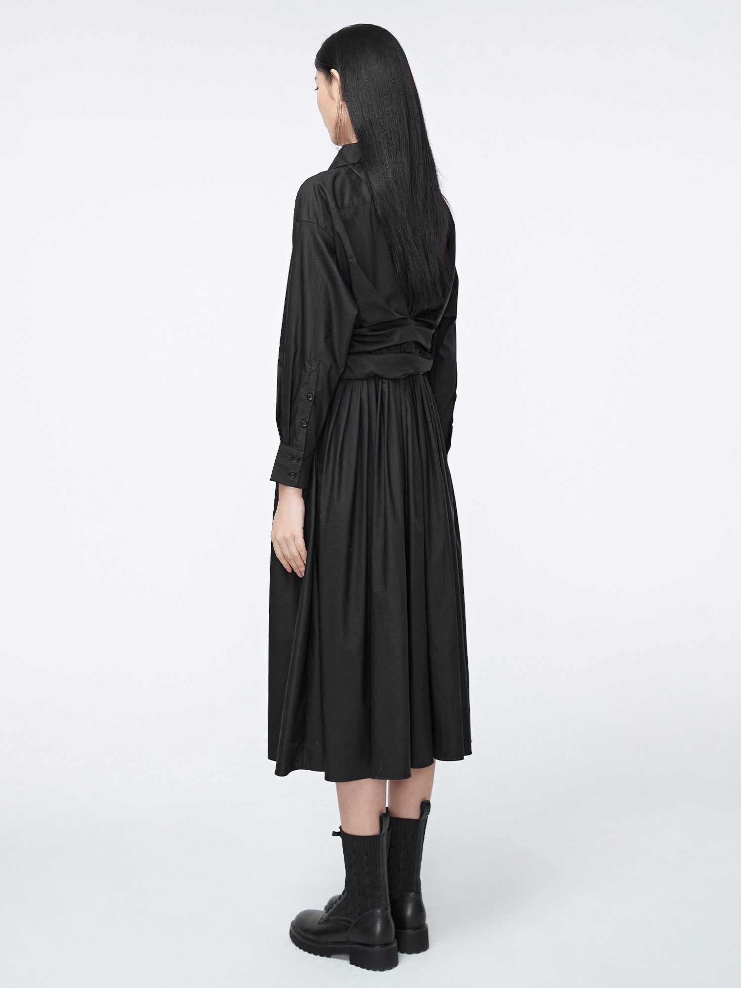 Lapel Drawstring Shirt Dress - S·DEER