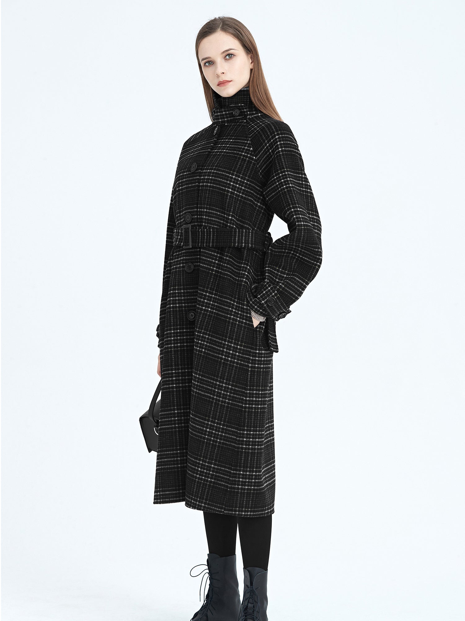 Check Stand Collar Waist Waist Wool Coat