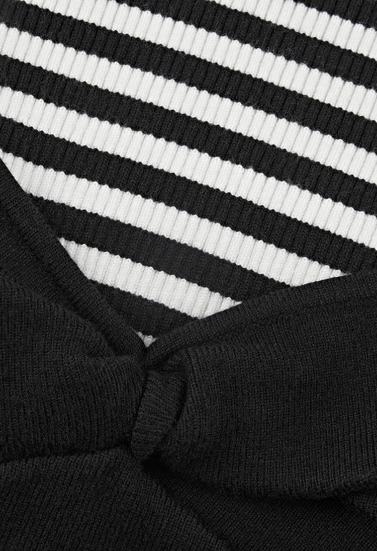 SDEER Retro High Neck Striped Stitching Puff Sleeve Sweater - S·DEER