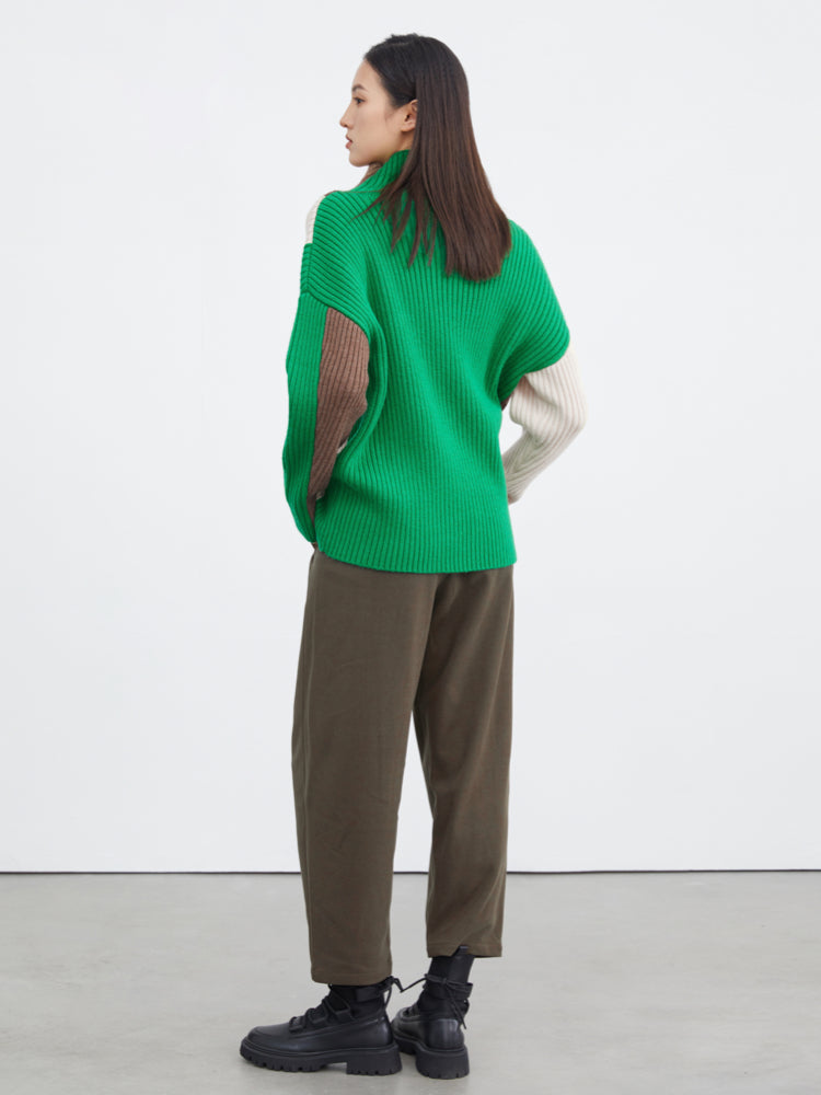 Turtleneck Crocheted Loose Color Stitching Sweater - S·DEER