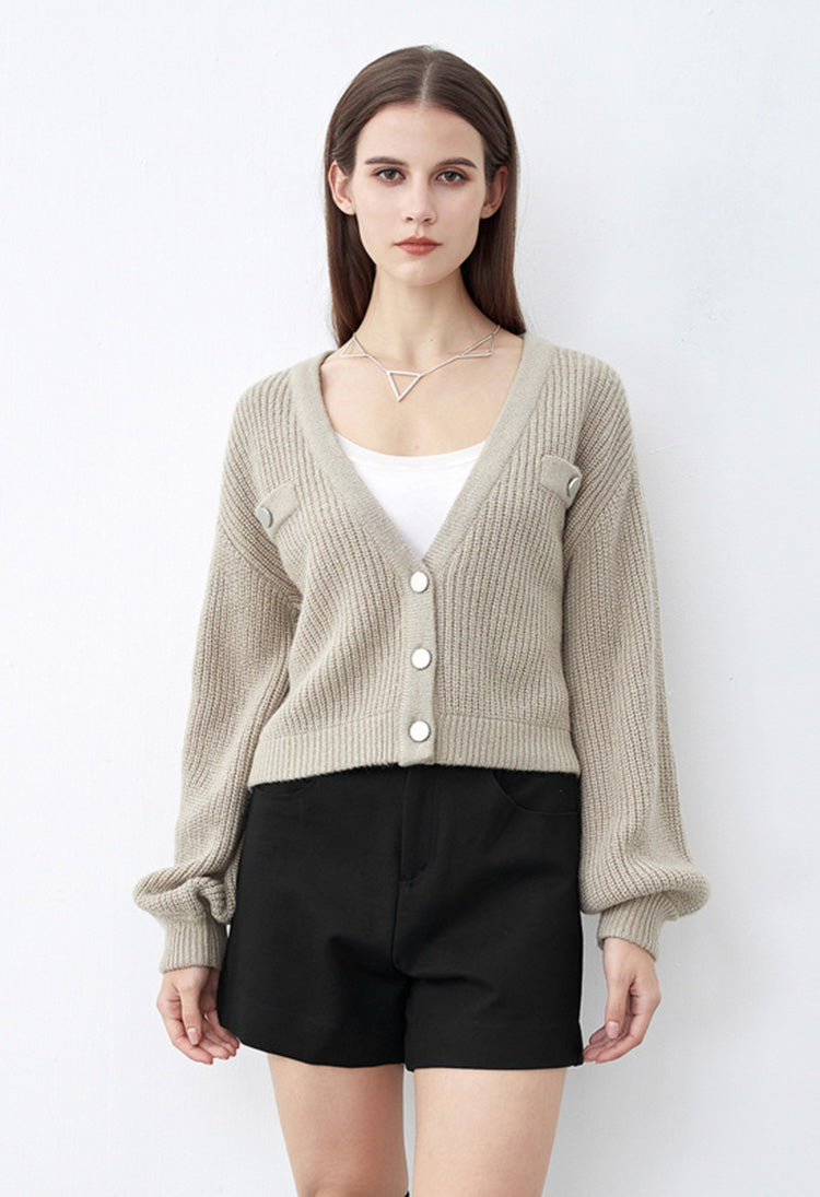 SDEER V-neck Fake Pocket Short Cardigan Sweater - S·DEER