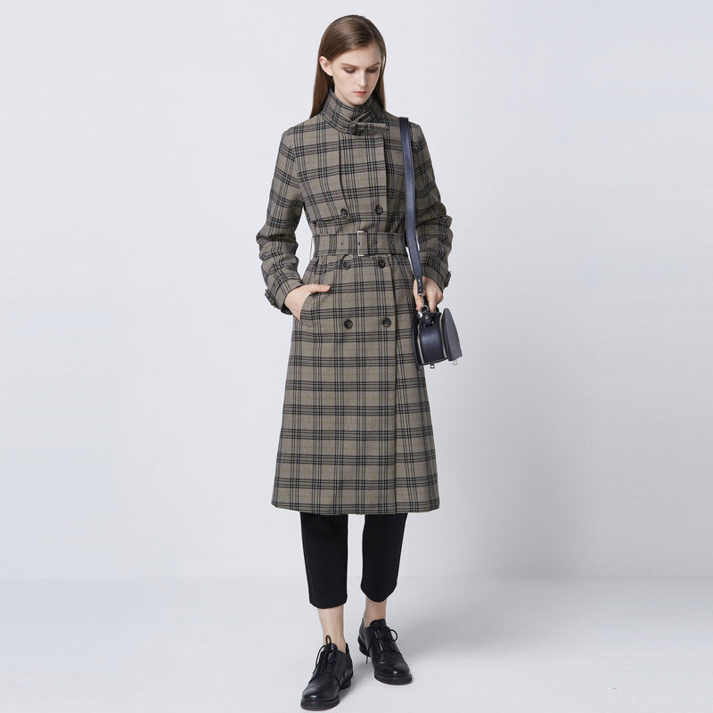 SDEER British Stand-up Collar Double-Breasted Waist Plaid Long Trench Coat - S·DEER