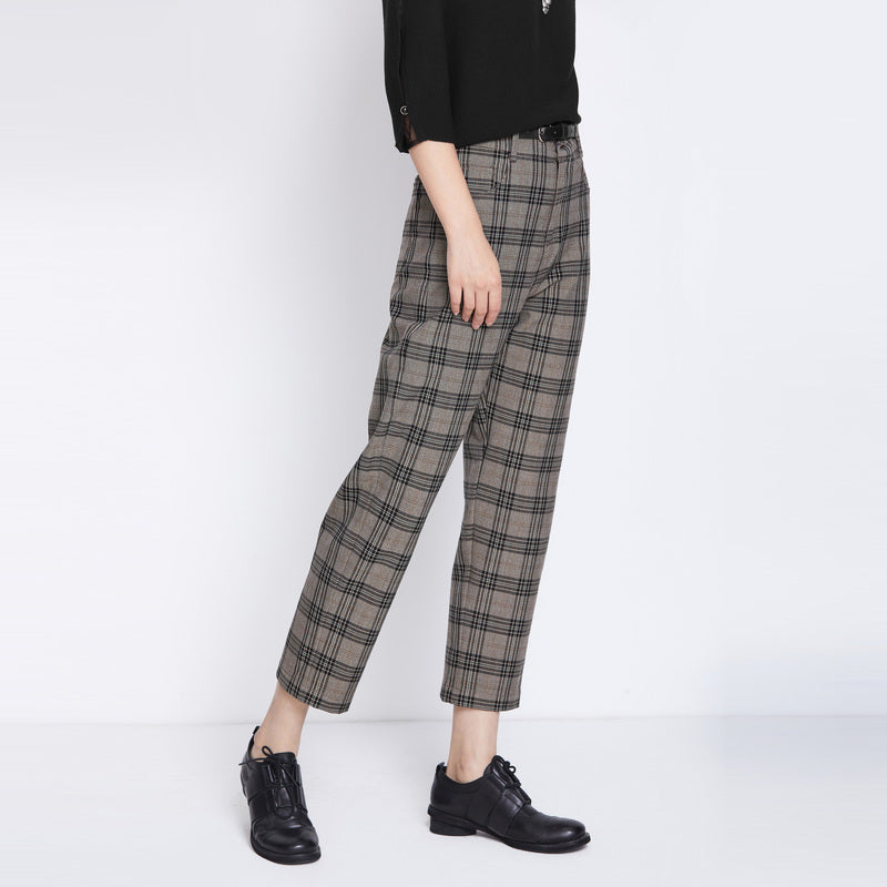 SDEER Retro belt plaid commuter loose cropped trousers - S·DEER