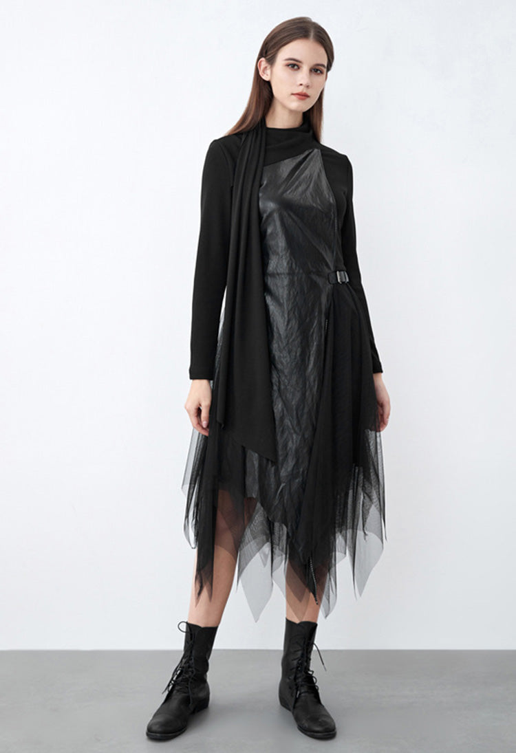 SDEER Round Neck Stitching Mesh Irregular Long-sleeved Dress - S·DEER