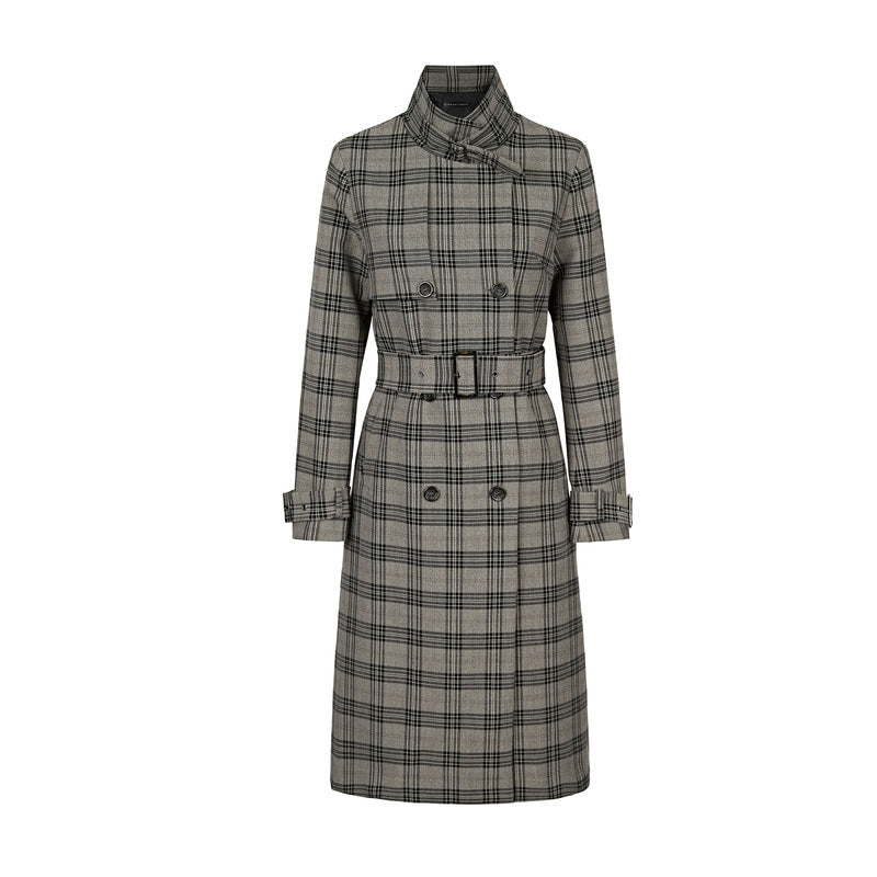 SDEER British Stand-up Collar Double-Breasted Waist Plaid Long Trench Coat - S·DEER