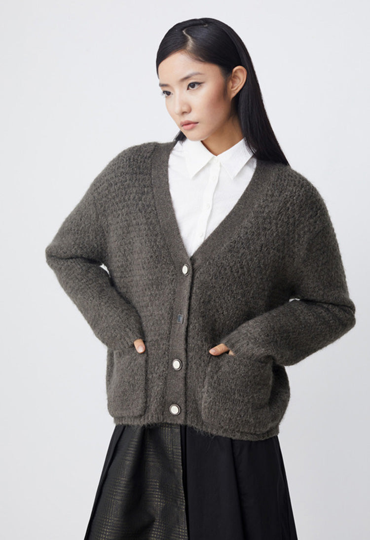 SDEER Vintage Ribbed V-neck Pocket Loose Knit Cardigan - S·DEER