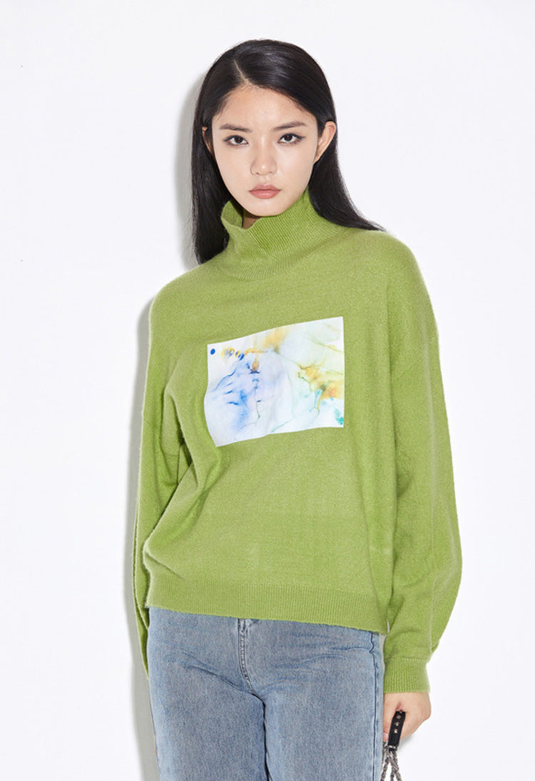 SDEER Ribbed Turtleneck Contrast Printed Loose Knit Sweater - S·DEER