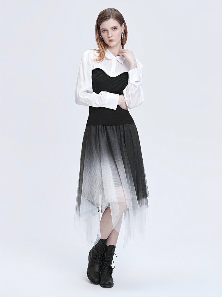 S·DEER Elegant Elastic Gradient Contrast Mesh A-Line Dress - S·DEER