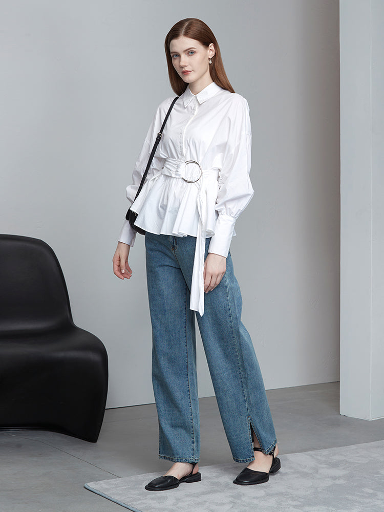 S·DEER Irregular white shirt with casual lapel and waist - S·DEER