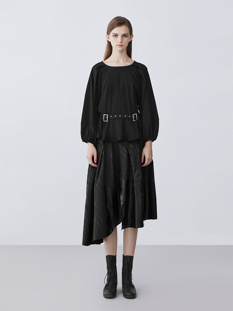 S·DEER Casual Crewneck Neck Waist Gathered Puff Sleeve Shirt - S·DEER