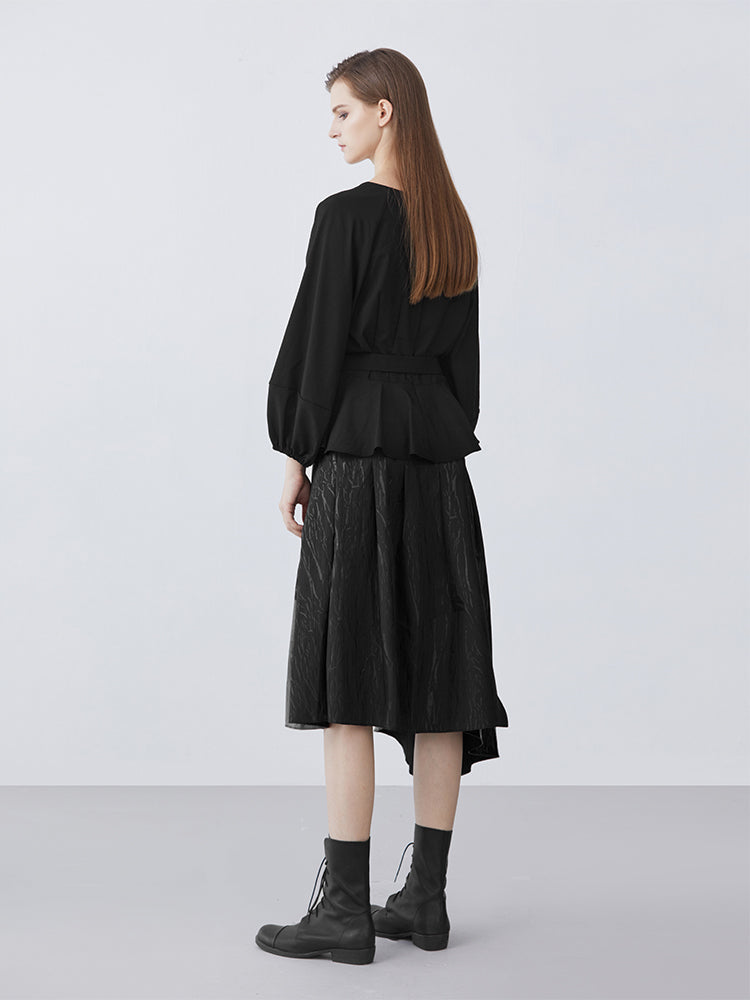 S·DEER Casual Crewneck Neck Waist Gathered Puff Sleeve Shirt - S·DEER