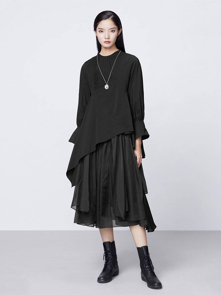 S.DEER  Pleated Panel Irregular Long-sleeve Shirt - S·DEER