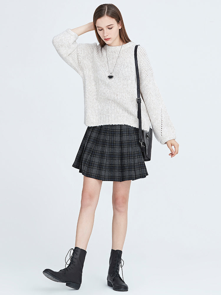 S·DEER  women&#39;s preppy style contrast color plaid wool pleated skirt - S·DEER