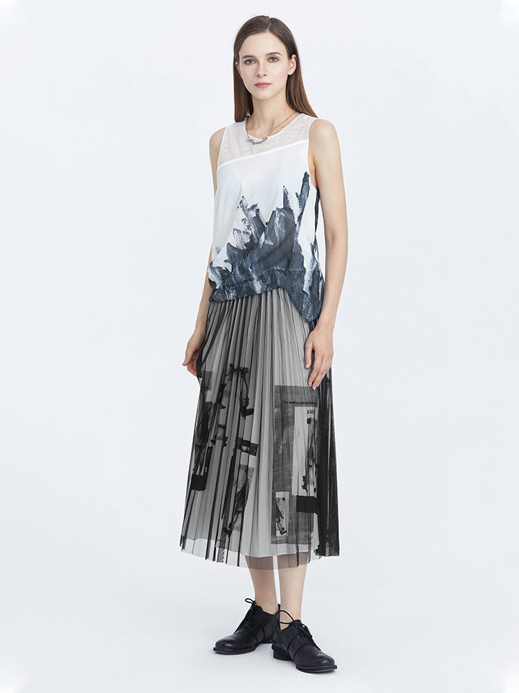 S·DEER Elegant elastic letter print mesh maxi skirt - S·DEER