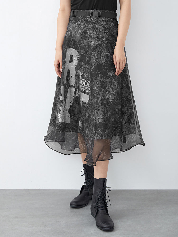 S·DEER Cool Alphabet Print Mesh Panel A-Line Skirt - S·DEER