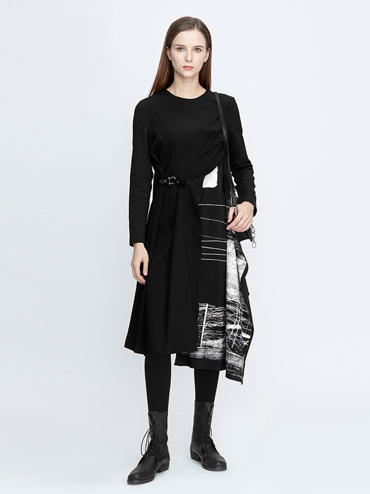 S·DEER Graffiti Print Patchwork Irregular Long Sleeve Dress - S·DEER