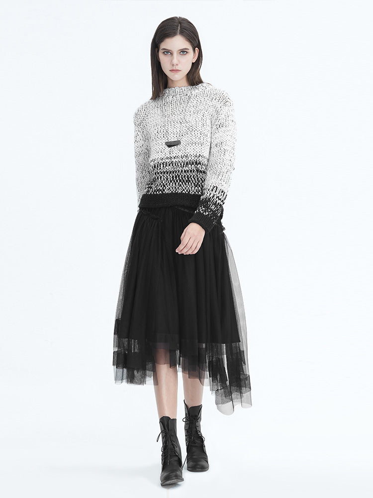 S·DEER Personalized mesh stitching raw black long skirt - S·DEER