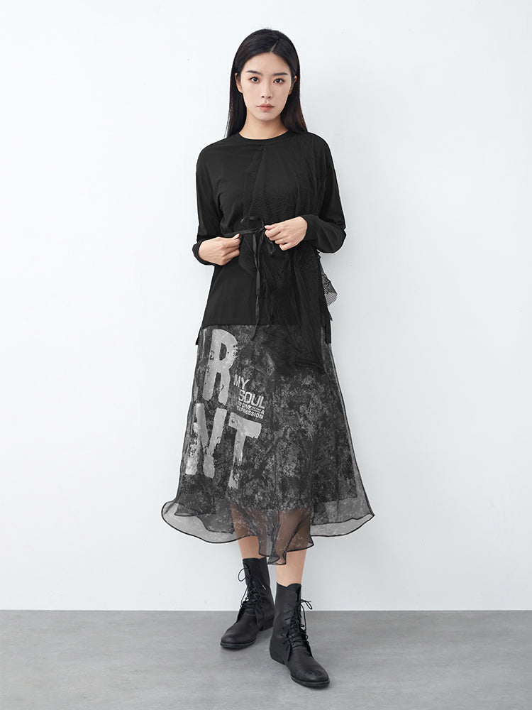 S·DEER Cool Alphabet Print Mesh Panel A-Line Skirt - S·DEER