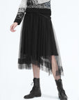 S·DEER Personalized mesh stitching raw black long skirt - S·DEER