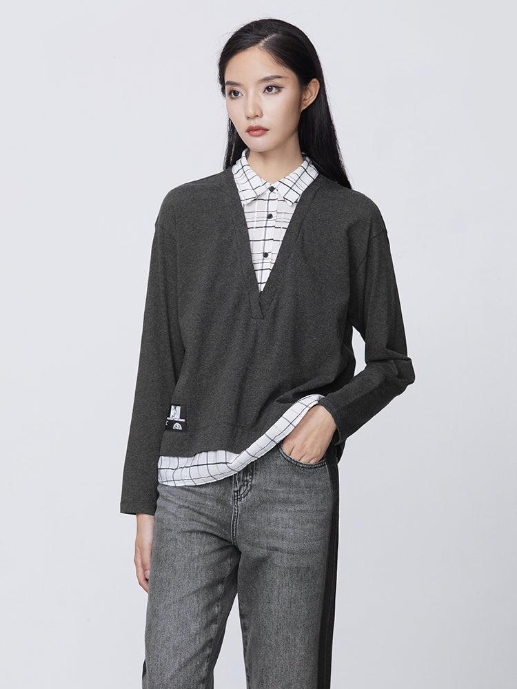 S.DEER  Check Letter Fake Two-Piece Long Sleeve T-Shirt - S·DEER