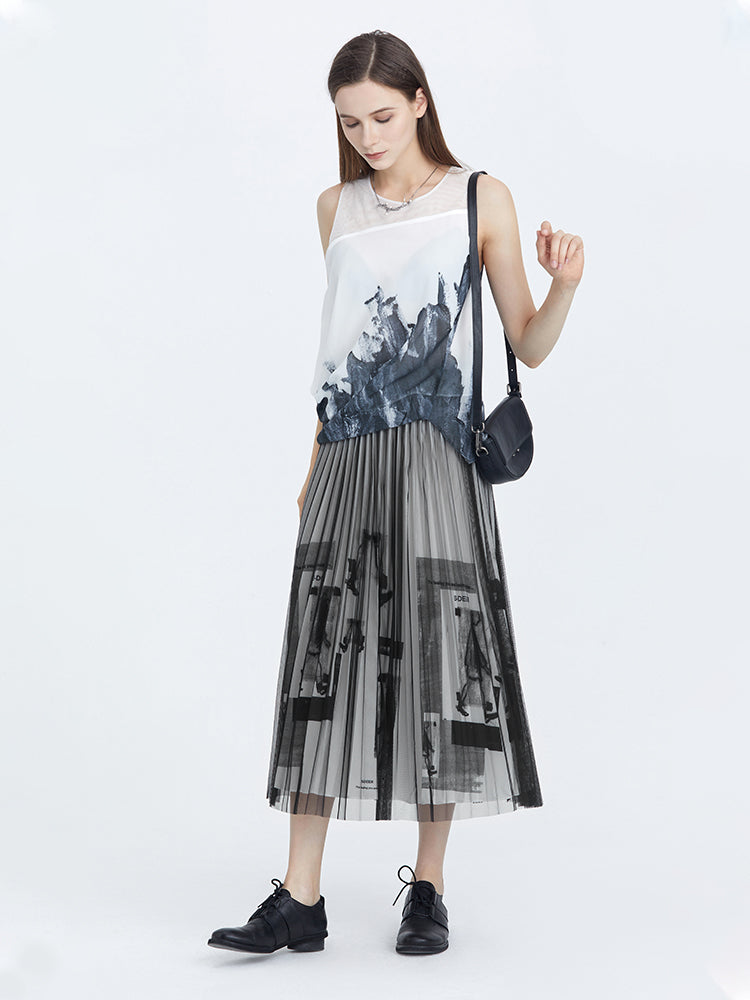 S·DEER Elegant elastic letter print mesh maxi skirt - S·DEER