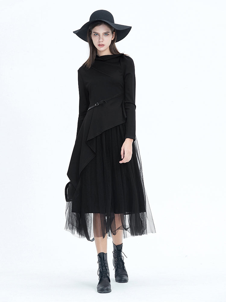 S·DEER Irregular Collar Panel Sling Mesh Two-Piece Dress - S·DEER