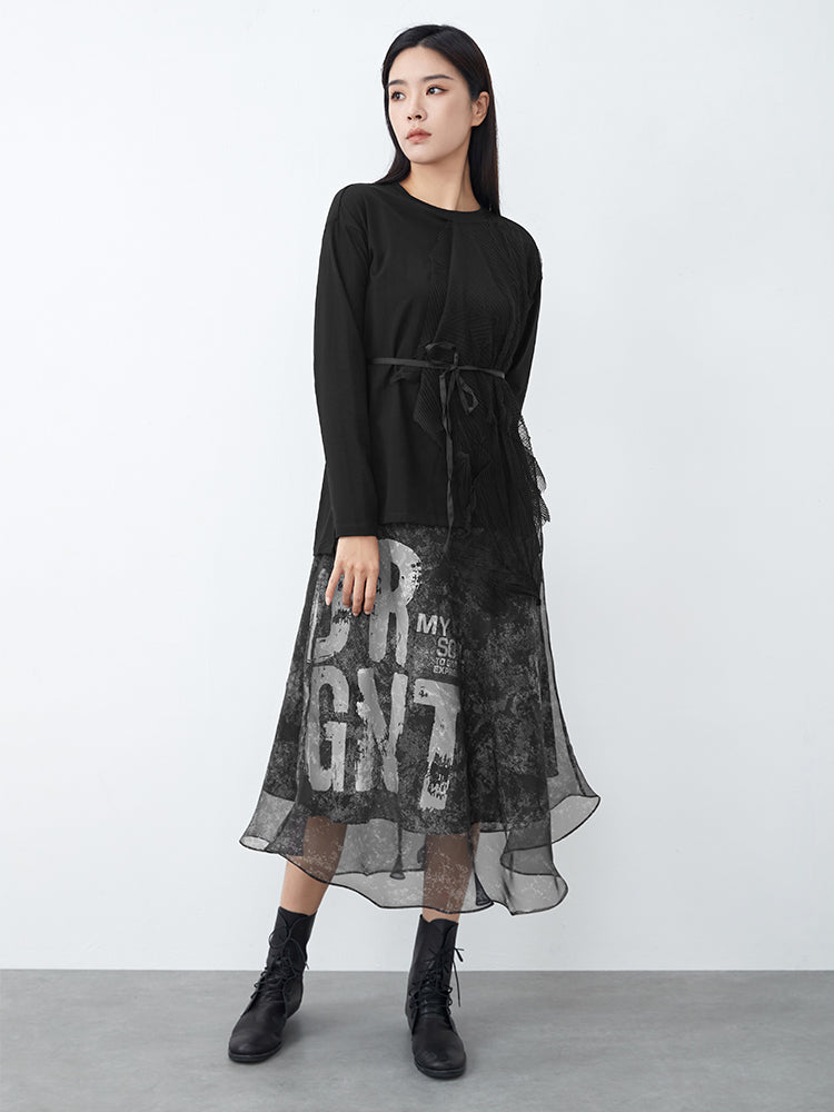 S·DEER Cool Alphabet Print Mesh Panel A-Line Skirt - S·DEER