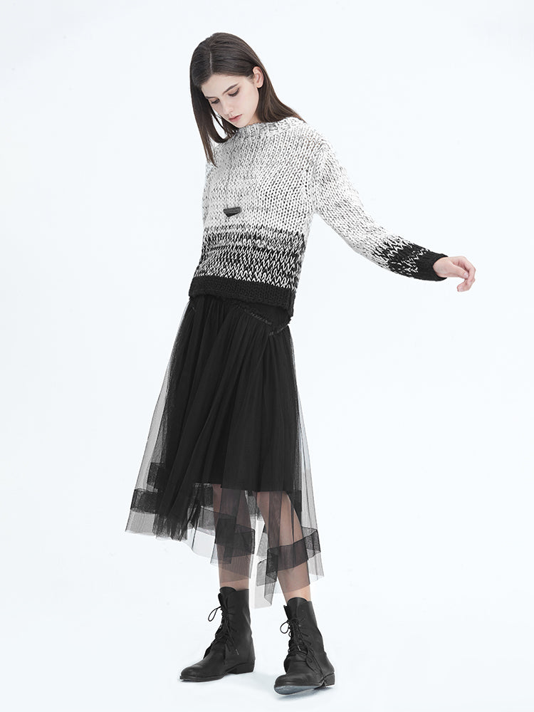 S·DEER Personalized mesh stitching raw black long skirt - S·DEER