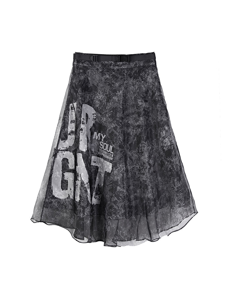 S·DEER Cool Alphabet Print Mesh Panel A-Line Skirt - S·DEER