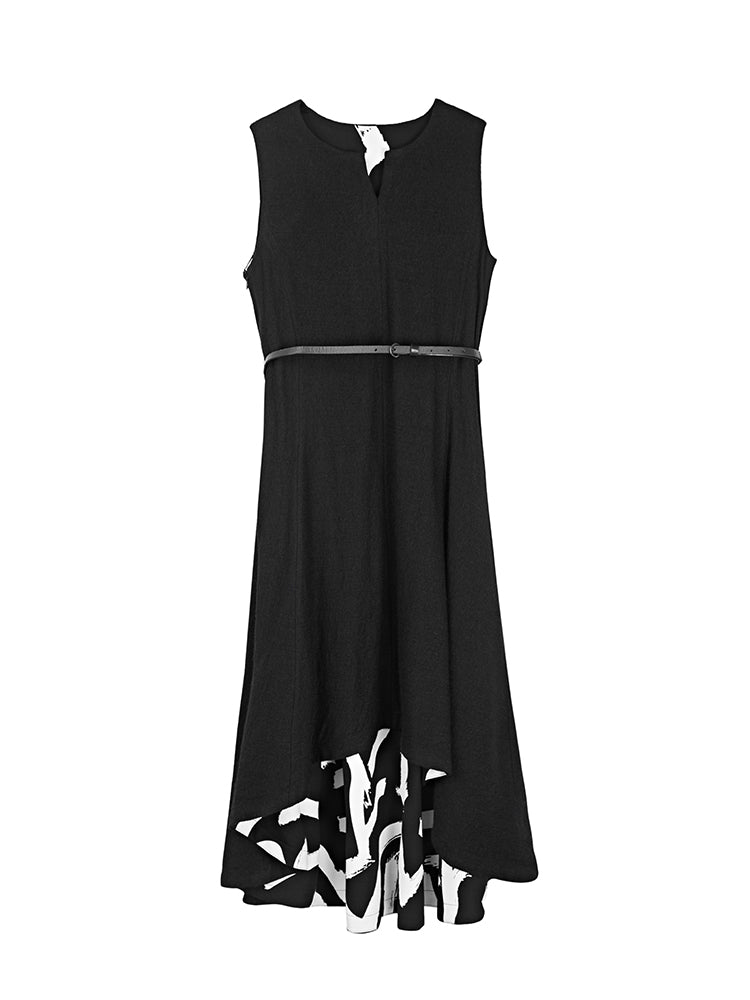 S·DEER Casual V-Neck Neck Waist Contrast Print Sleeveless Dress - S·DEER