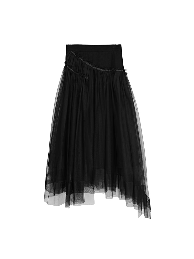 S·DEER Personalized mesh stitching raw black long skirt - S·DEER