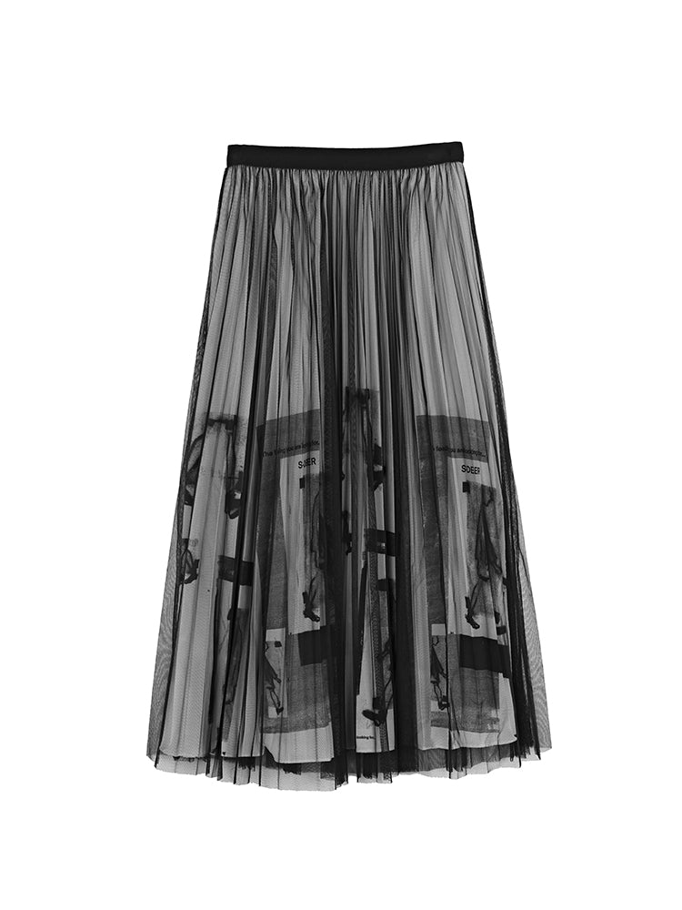 S·DEER Elegant elastic letter print mesh maxi skirt - S·DEER