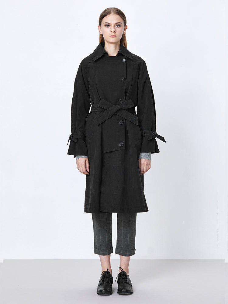 S.DEER Single-breasted Long Trench Coat with Lapels and Waist - S·DEER