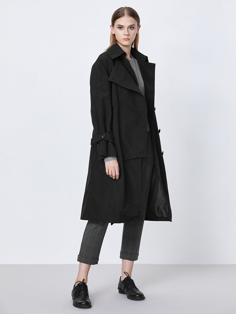 S.DEER Single-breasted Long Trench Coat with Lapels and Waist - S·DEER