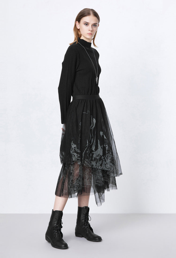 SDEER Half-high Neck Mesh Print Stitching Long-sleeved Knitted Dress - S·DEER