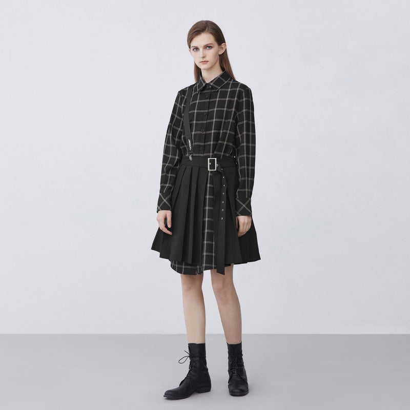 SDEER Style Lapel Check Pleated Panel Shirt Dress - S·DEER