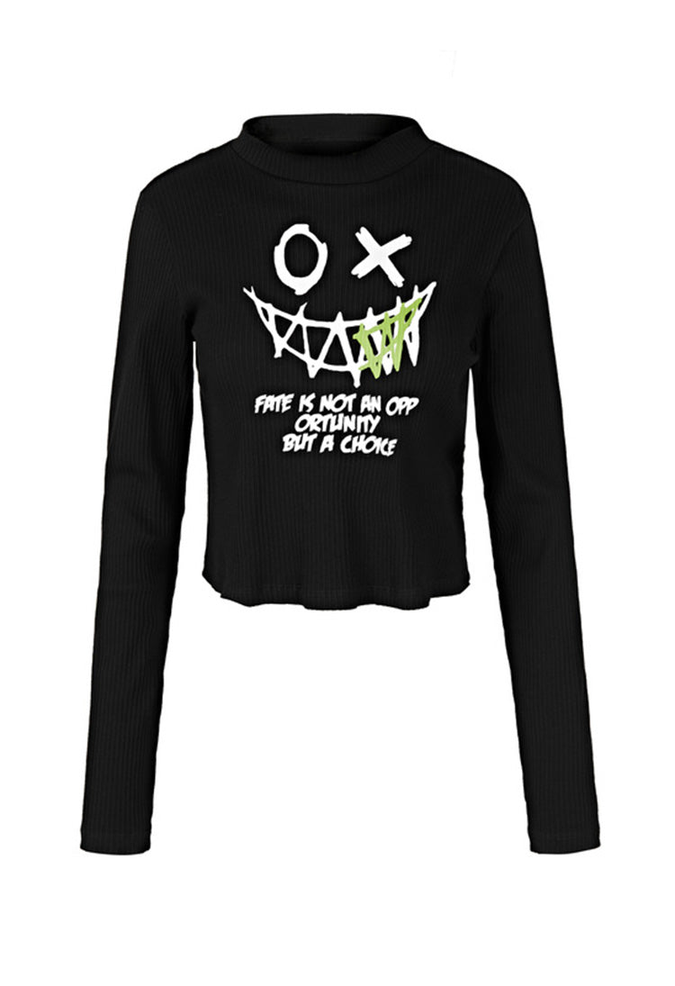 SDEER Ribbed Round Neck Letter Offset Printing Irregular Long-sleeved T-shirt - S·DEER