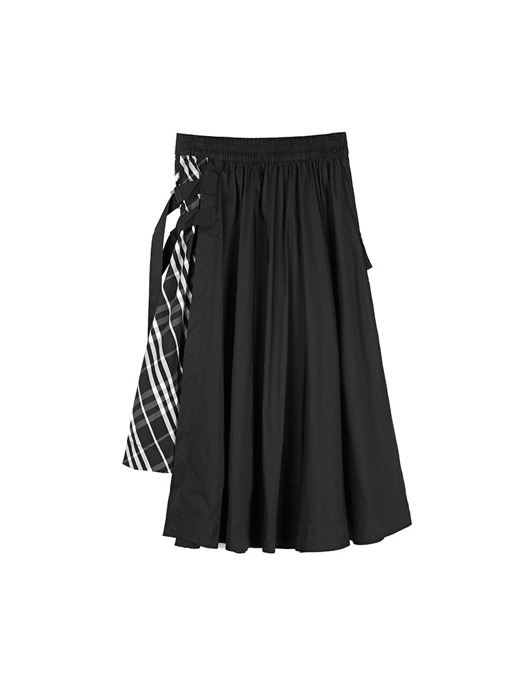 Elastic Waist Stitched Plaid Skirt