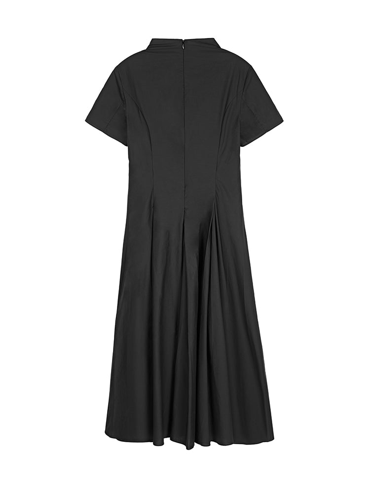 Vintage Pleated Waist Stand Collar Dress