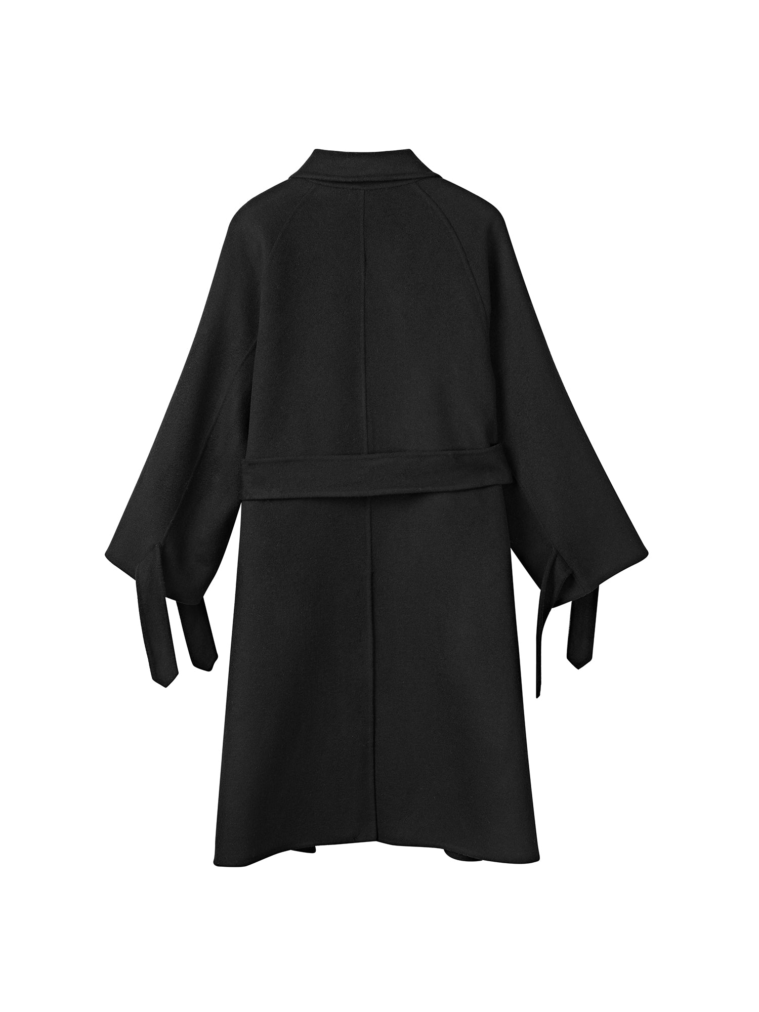 Back view of S·DEER black wool coat with a simple, elegant design and belted waist